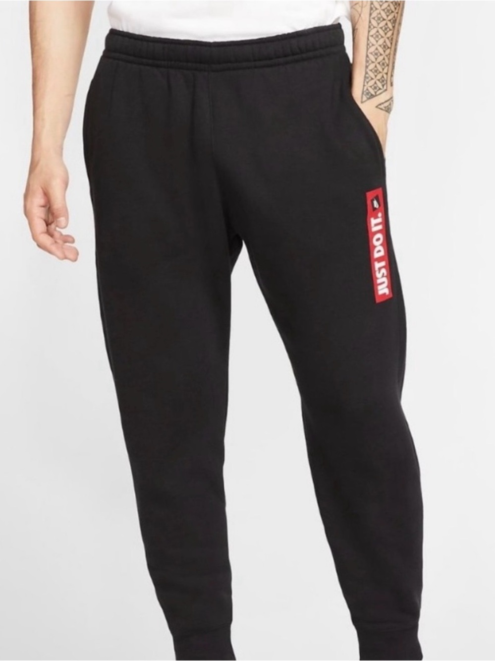 Nike Men’s Jogger Fleece Sweatpants Black with Red "Just Do It" Graphic Medium